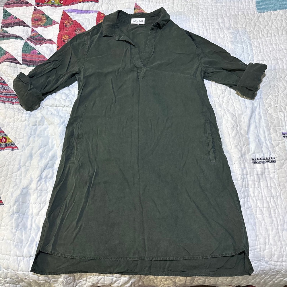 Bella Dahl Shirt Dress Dark Olive Green Tencel Roll Tab Sleeve